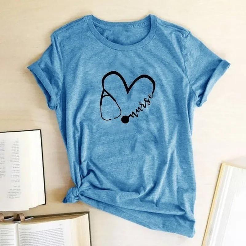 T-shirt col rond femme, estival et à manches courtes, avec stéthoscope et cœur imprimé