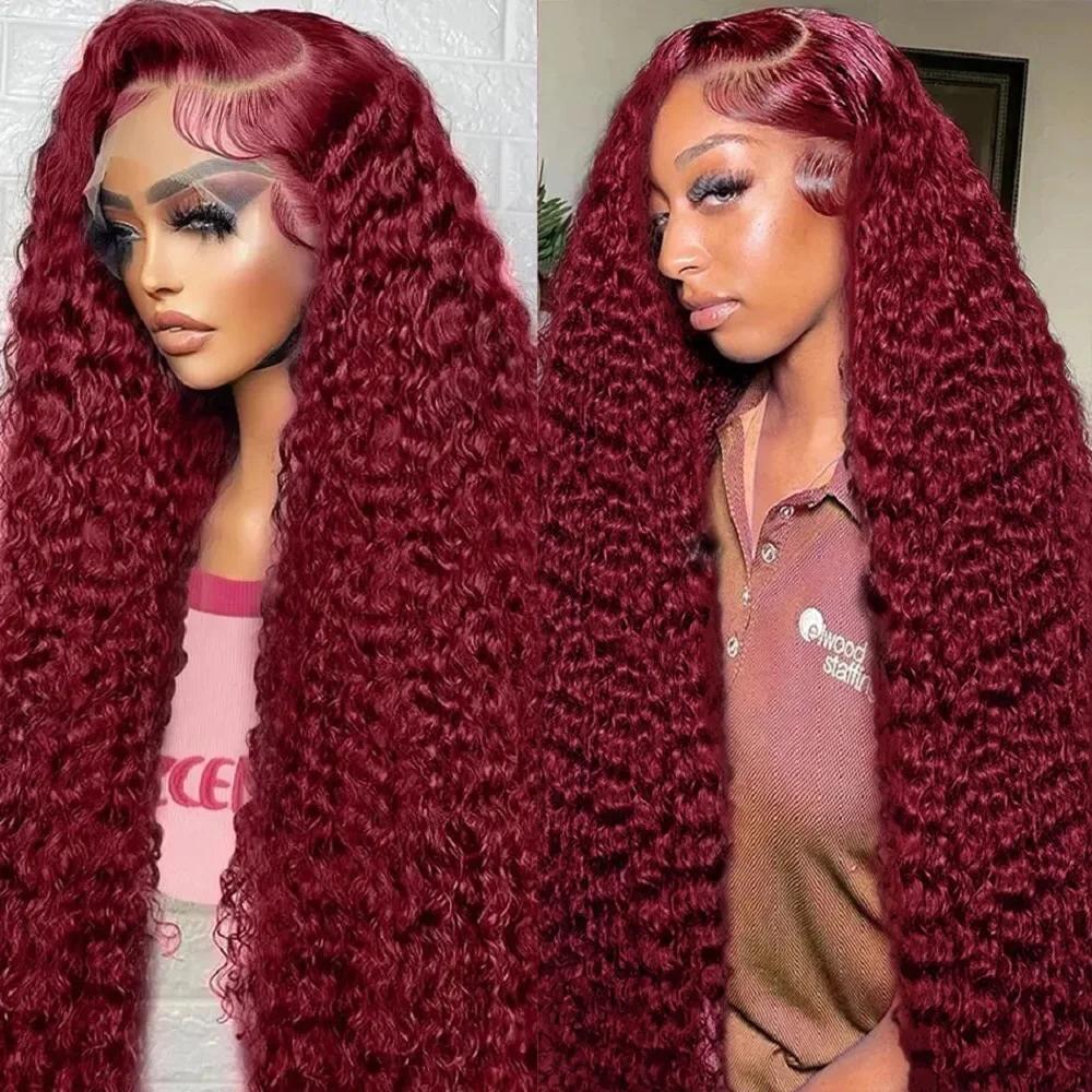 Perruque Lace Front Wig Deep Wave Naturelle Bouclée Rouge Bordeaux 99J, 13x4, Pre-Plucked, Densité 1