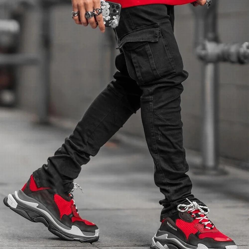 Jean élastique de rue pour hommes, pantalon Cargo en Denim, couleur unie, multi-poches, décontracté,