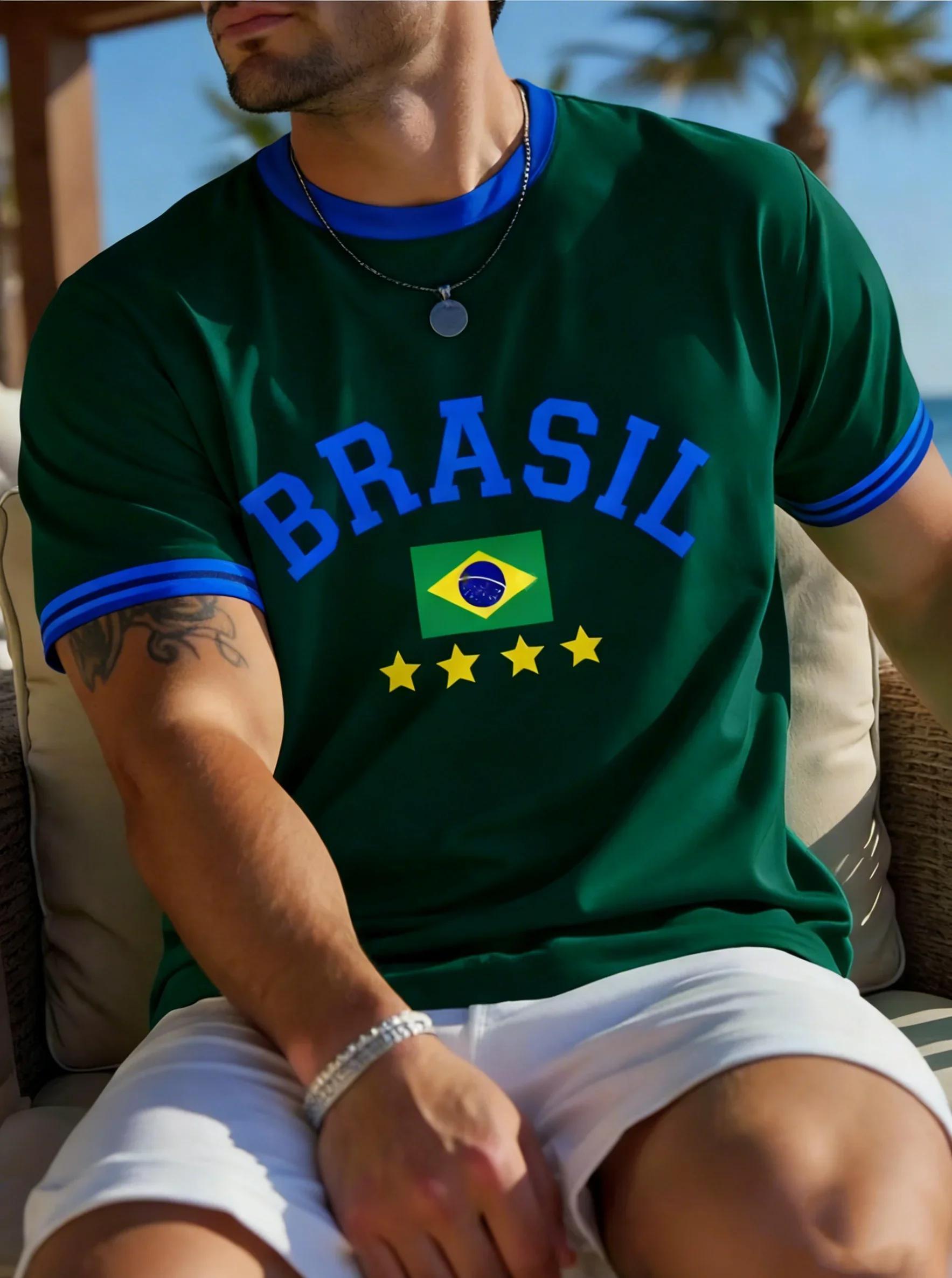 T-shirt d'été pour hommes, imprimé drapeau national du brésil en 3D, haut à manches courtes, col ron