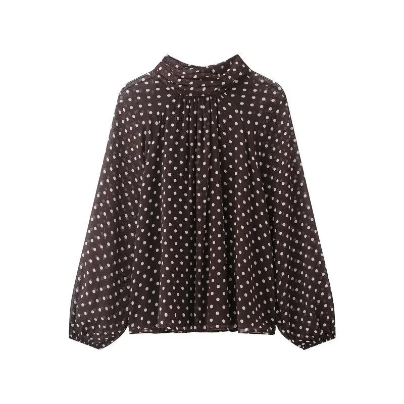 Chemisier élégant à pois pour femme, chemise en mousseline à col superposé et manches lanternes avec
