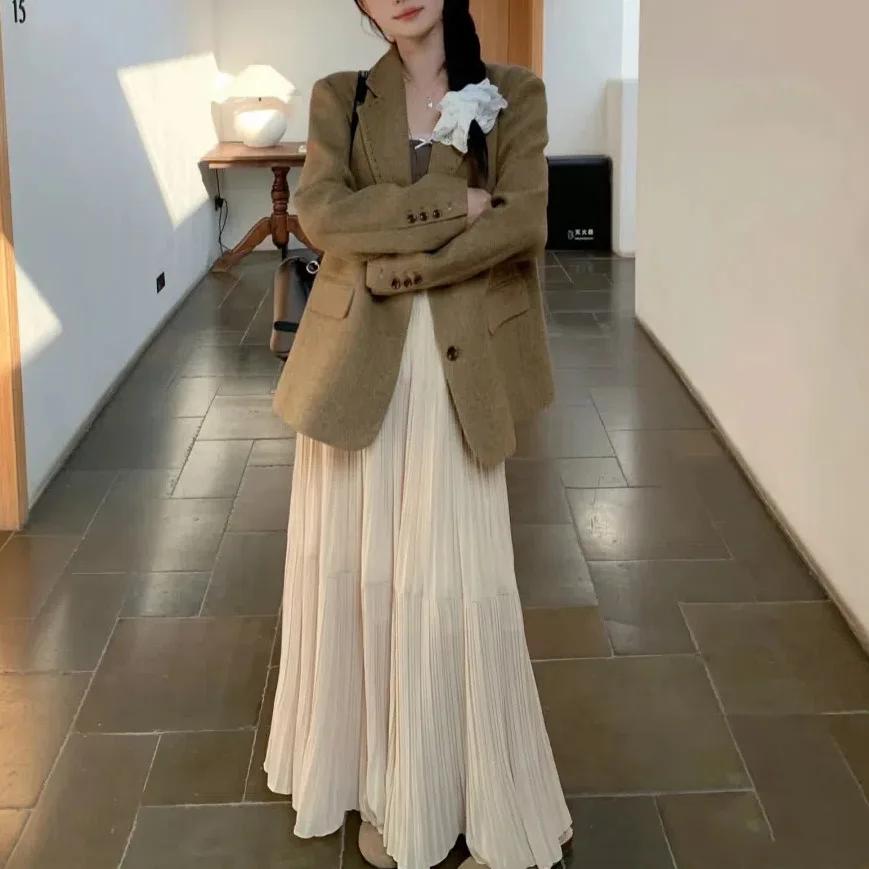 Femmes printemps et été tendance taille haute plissée jupe longue décontracté élégant solide a-ligne