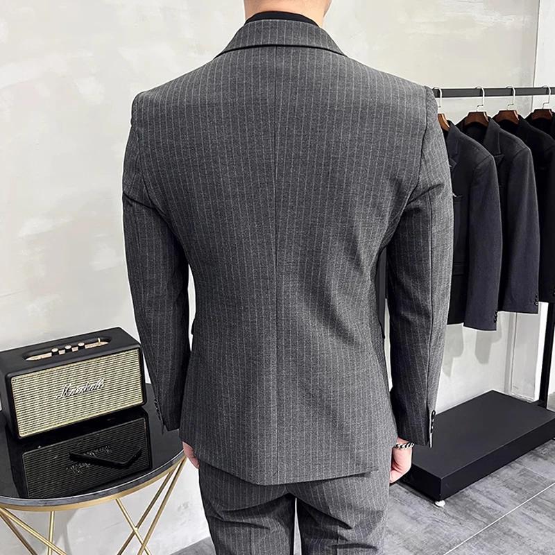 M-7XL ( Blazer + Pantalon) de luxe classique rayé hommes bureau officiel décontracté affaires double