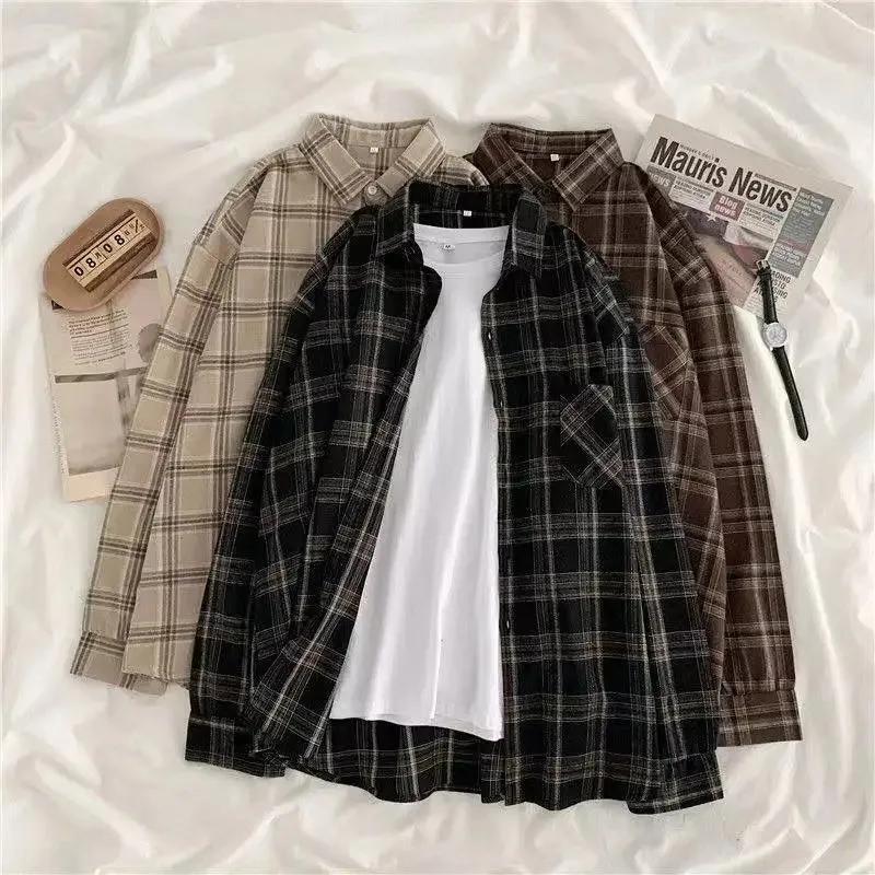 Vintage chemises à carreaux femmes automne à manches longues surdimensionné boutonné chemise mode co