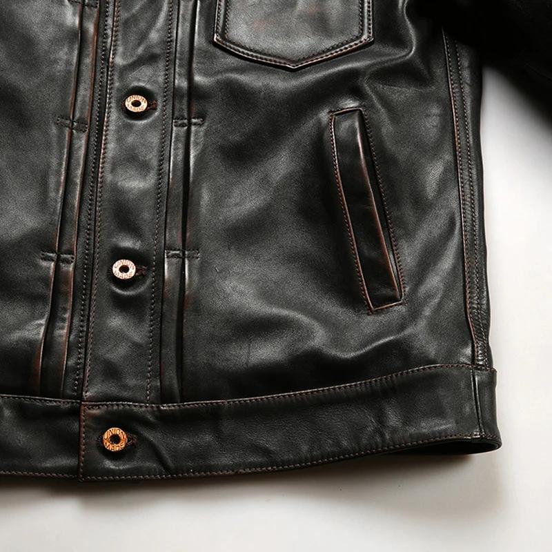 Veste vintage en cuir véritable pour hommes, vêtements de haute qualité, style coréen, Tea Core, rev