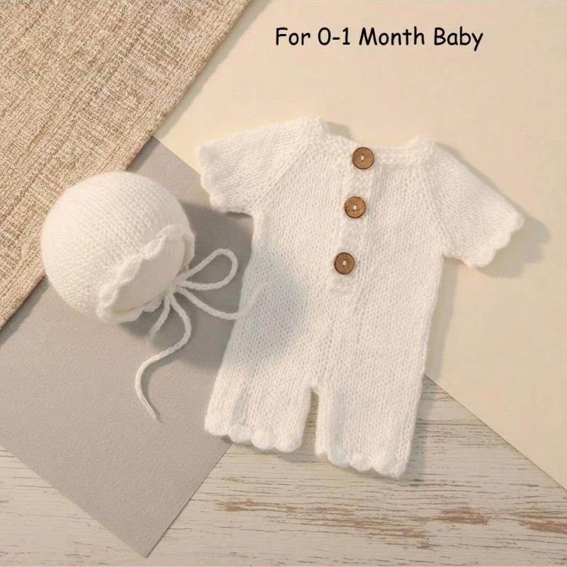 Barboteuse en Crochet faite à la main pour bébé, 2 pièces, avec chapeau, tenues de photographie pour