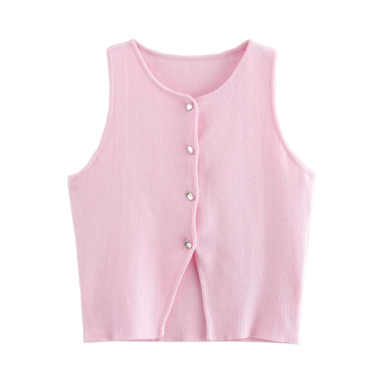MUJER rose tricot sans manches gilet femmes recadrée pull gilet haut femmes jaune bouton gilets femm