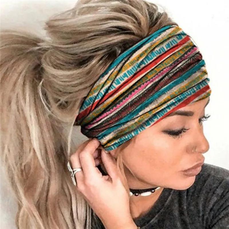 Nouveau Boho fleur imprimé larges bandeaux Vintage noeud élastique Turban bandeau pour femmes filles