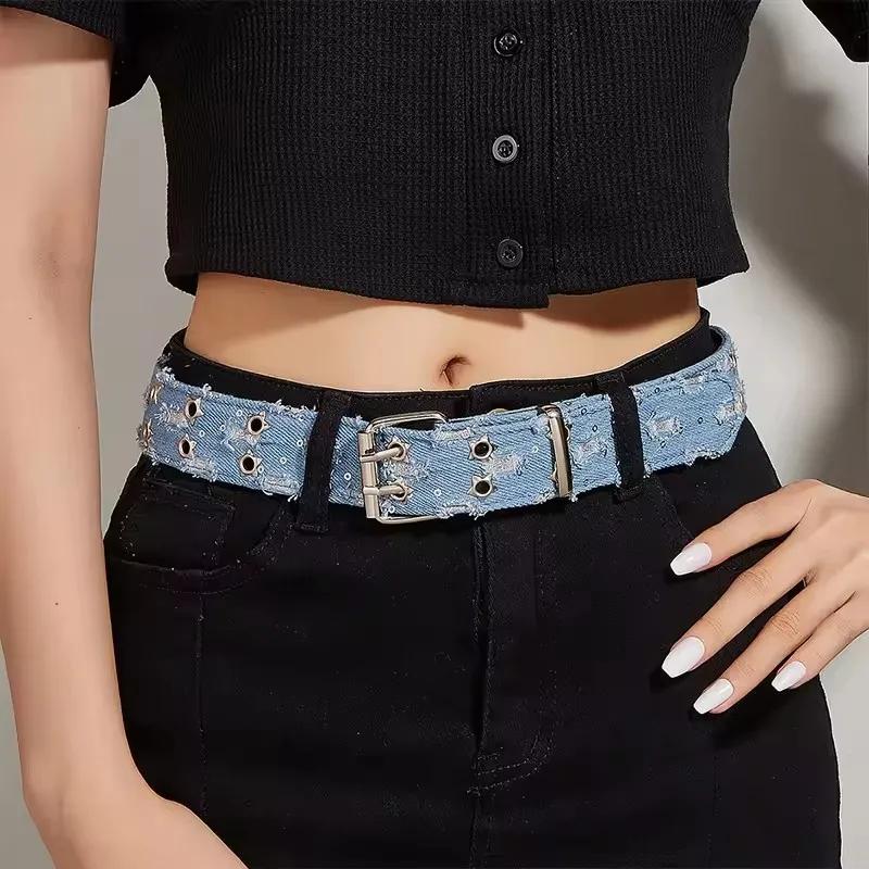 Ceinture de luxe en Denim bleu, accessoires Punk noirs, nouvelle mode, HipHop Y2k, étoile ajourée, b