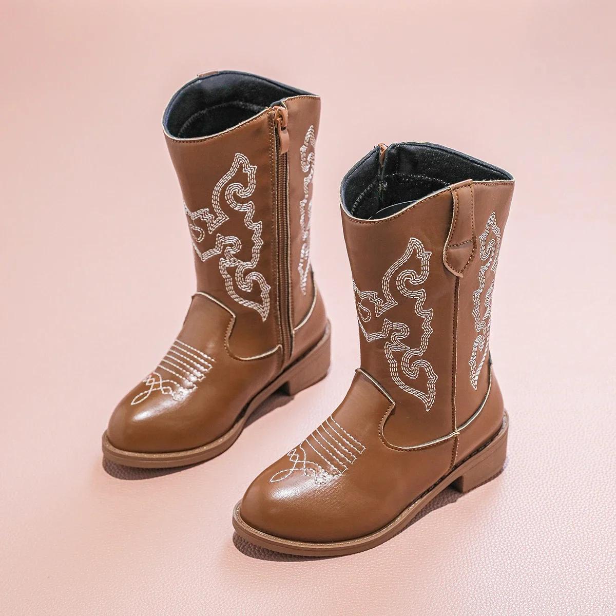 Bottines de Cowboy en PU pour filles, mi-mollet, antidérapantes, fermeture éclair latérale, simples,