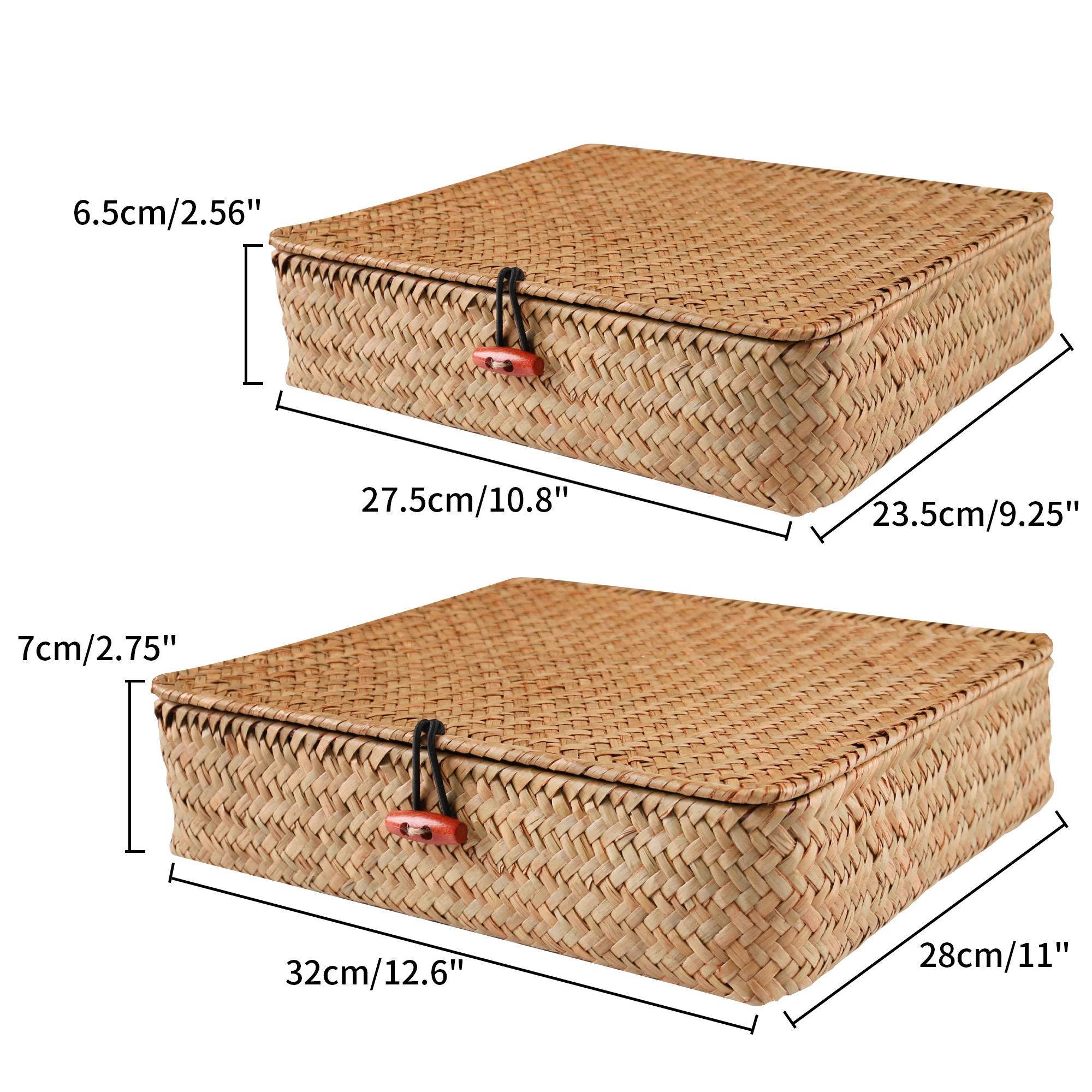 Paniers en jonc de mer avec couvercle, 2 pièces, panier de rangement en osier, bacs de rangement pla