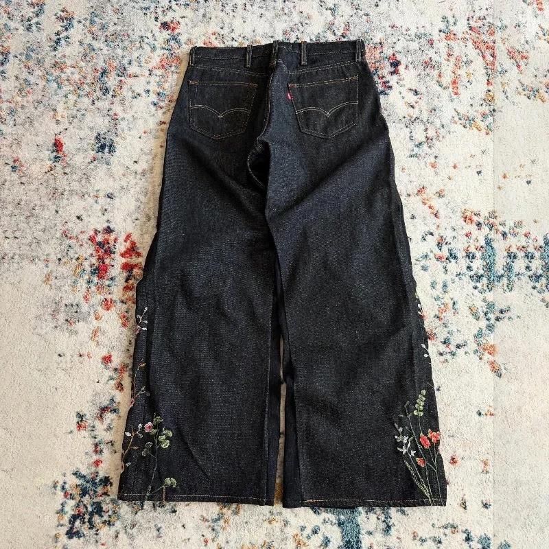 Nouveau jean baggy Y2K Harajuku Streetwear rétro à fleurs, broderie florale tendance, coutures épuré