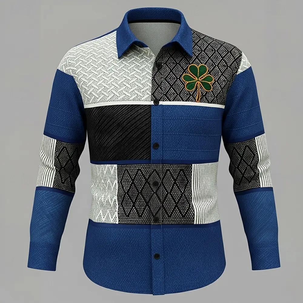 Chemise décontractée à manches longues pour homme, motif bicolore bleu et noir orné d'un logo trèfle
