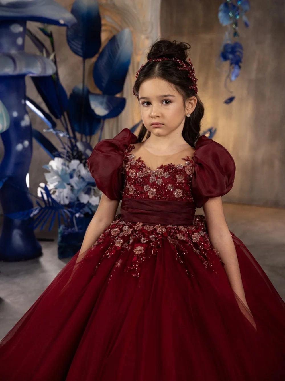 Robe de princesse en dentelle bordeaux avec appliques, tenue de spectacle pour enfants, manches bouf