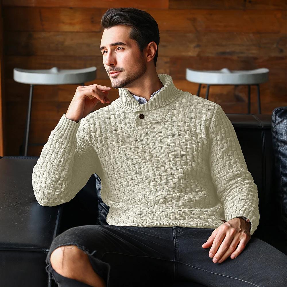 Pull tricoté à col ras du cou pour homme, chaud et doux, manches longues, bord côtelé texturé, confo