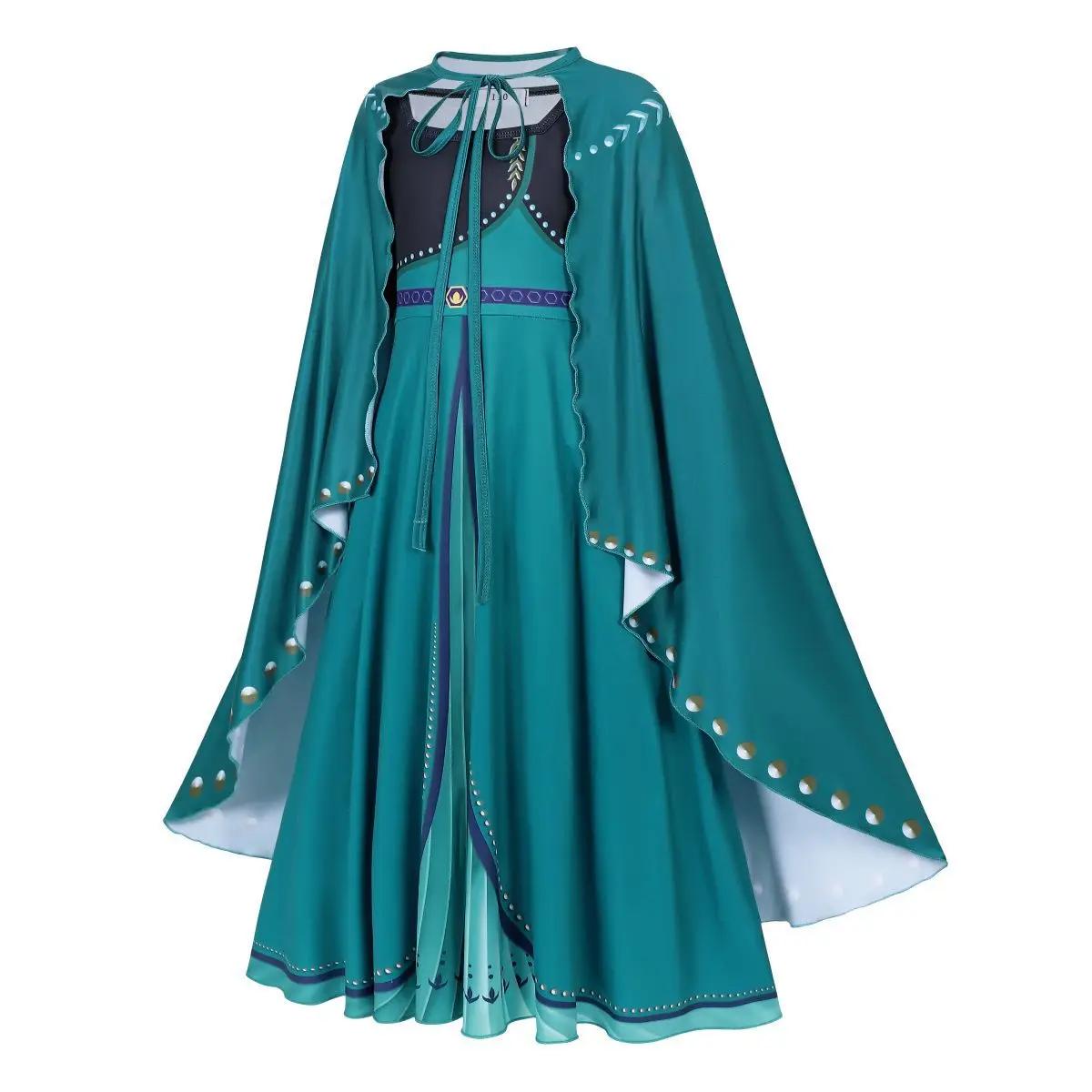 Costume de couronnement Anna Frozen pour enfants, robe de princesse verte avec cape, robe de cosplay
