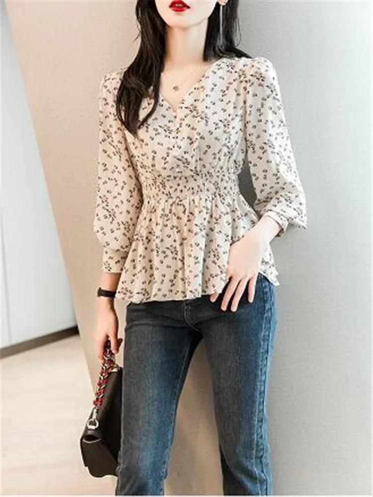 Chemise à col en V à boutons perlés pour femmes, chemise florale rétro, tunique, chemisiers à manche