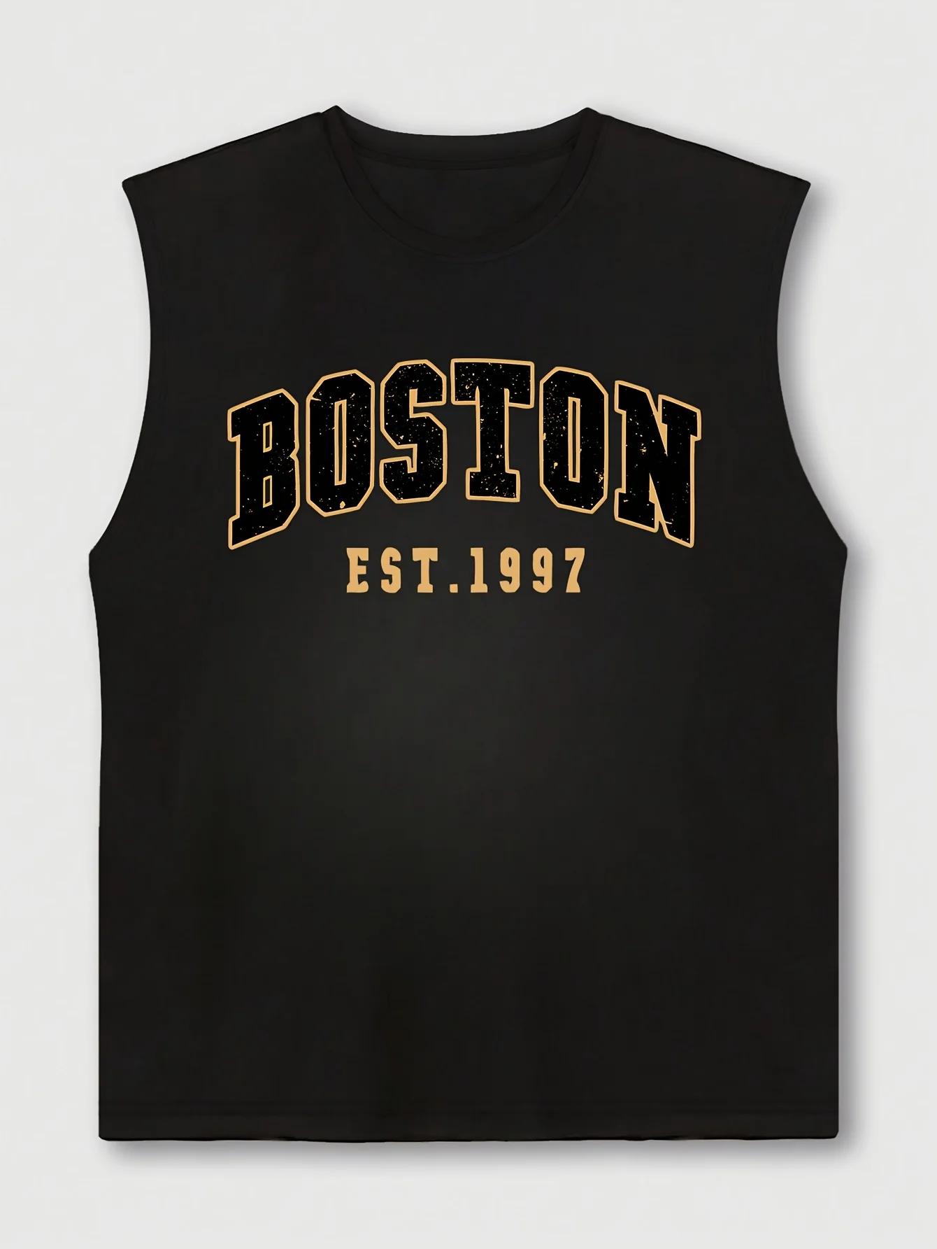 Gilet sans manches à col rond pour hommes, mode d'été, sport décontracté, ample, imprimé Boston est 