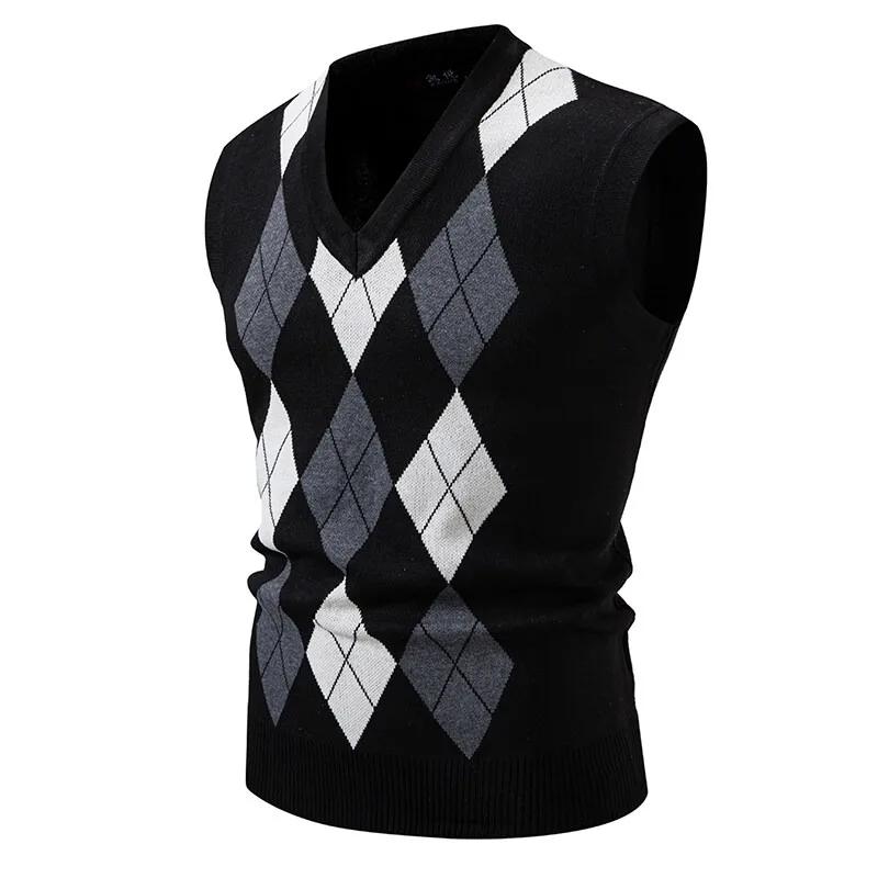 Nouveaux hommes Argyle tricots gilet col en V sans manches décontracté coupe ajustée pull tricoté pu