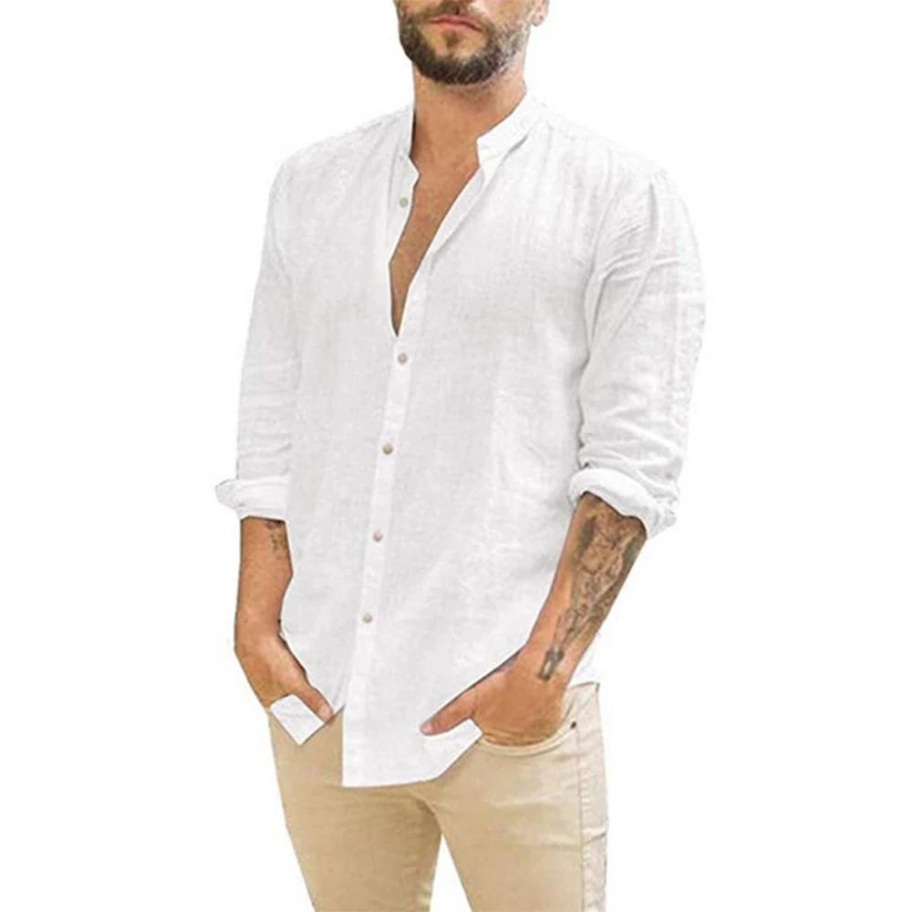 Chemises à manches longues pour hommes, en coton et lin, couleur unie, col montant, décontracté, Sty