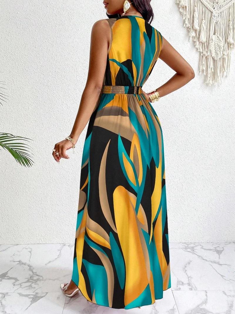 Robe femme sans manches, col en V, longueur au sol, avec imprimés abstraits, à la mode pour la plage