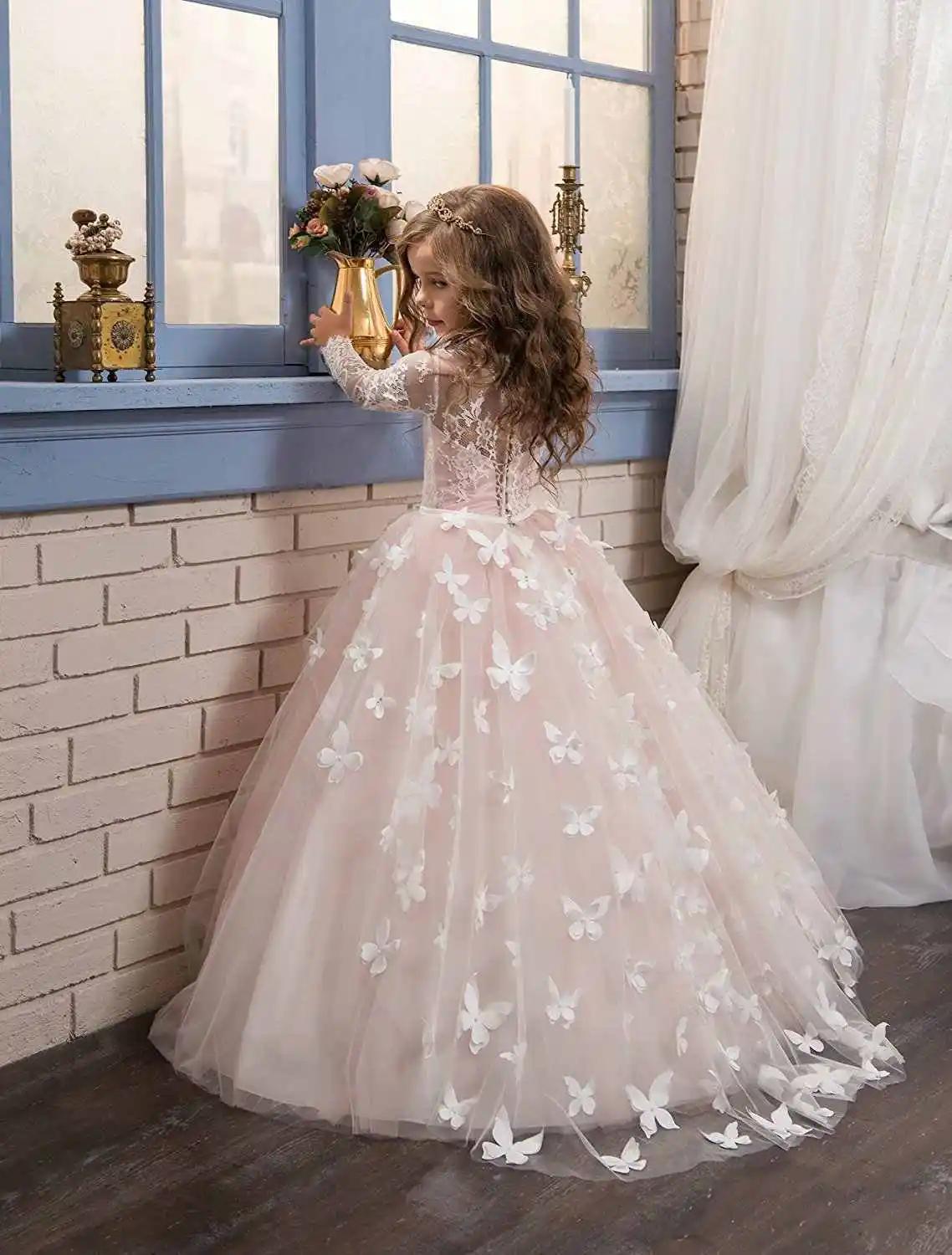 Robe de mariée élégante et ravissante pour fille de fleur, robe de bal en dentelle à manches longues