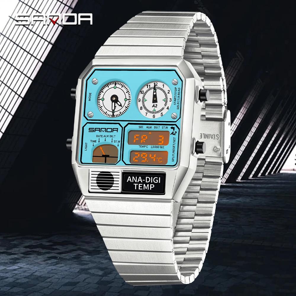 SANDA nouveau 3192 montre électronique carrée pour hommes LED étanche thermomètre chronomètre pour m
