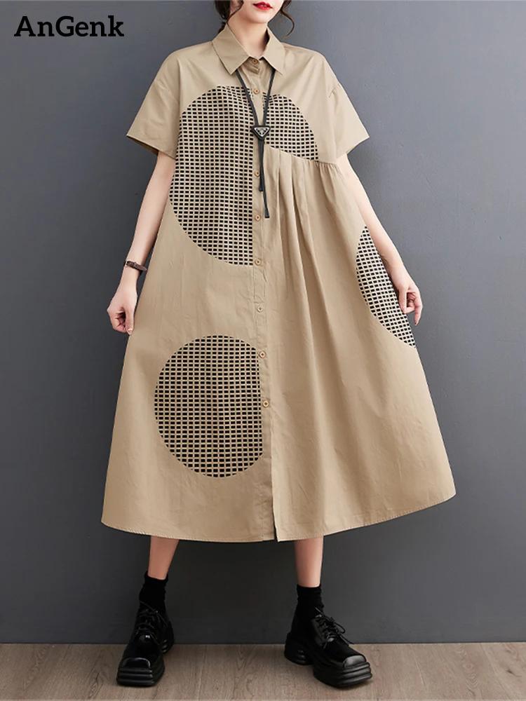 Robes chemises amples à manches courtes imprimées vintage pour femmes – Tenue décontractée longue et