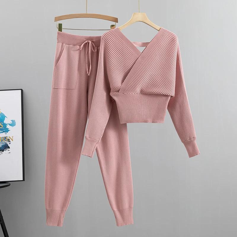 Ensemble deux pièces pour femme, survêtement élégant, Sexy, Style coréen, tricoté, côtelé, dos nu, L