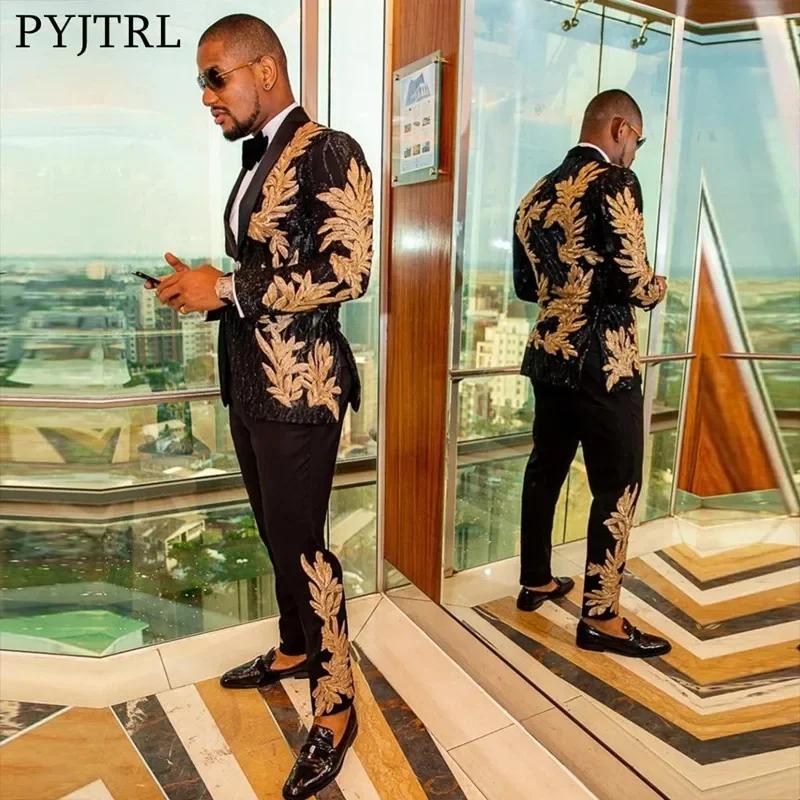 Ensemble de costume tendance pour hommes, avec des appliques de paillettes dorées, veste décontracté
