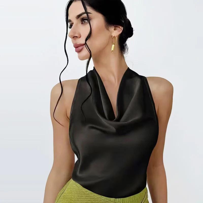 HXAO 2025 femmes Satin haut à licou été noir jaune débardeurs & Camis épaules nues débardeur court m