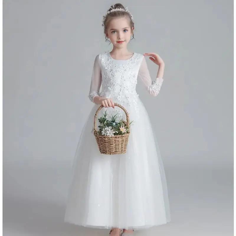 Robe de princesse en tulle à manches longues pour filles, robe de demoiselle d'honneur pour adolesce