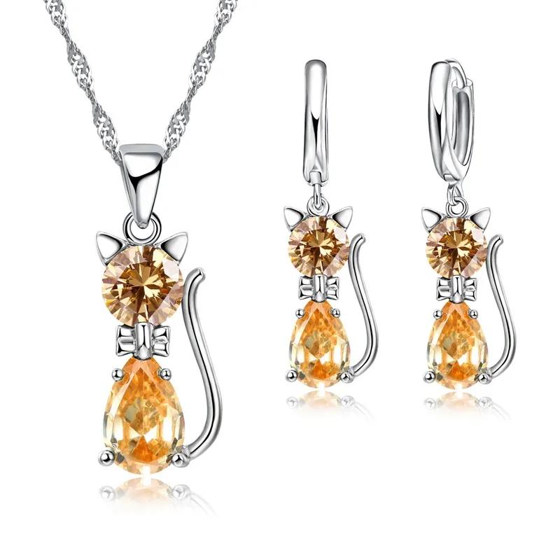 Ensembles de bijoux en argent CZ pour femmes et filles, collier en forme de chat mignon, ensemble de