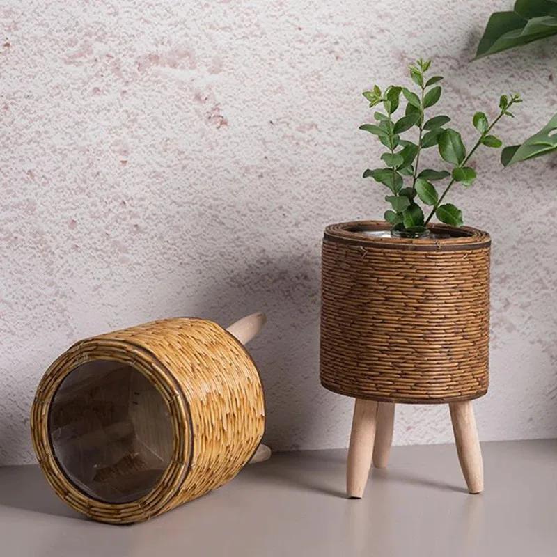 Étagère à fleurs nordique Imitation rotin Pot de fleur tissé panier de fleurs avec pieds amovibles s