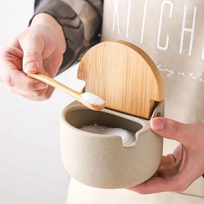 Pot d'assaisonnement en céramique de Style japonais, couvercle en bambou, pot à épices avec cuillère