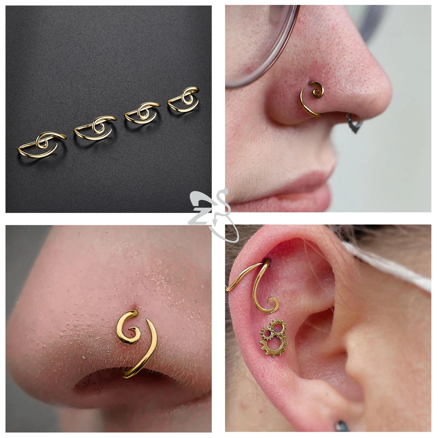 ZS 1PC 16G 925 argent crochet intérieur crochet extérieur anneau à sourcils pont en spirale nez Stud