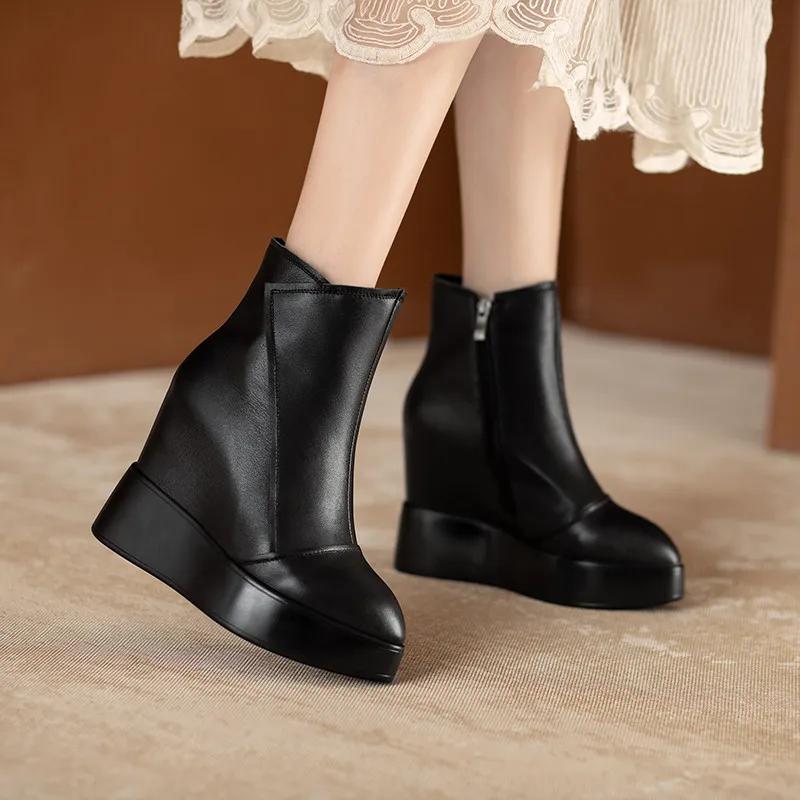 MKKBathroom-Bottes courtes en cuir pour femmes, bottes compensées pointues, bottes de rinçage décont