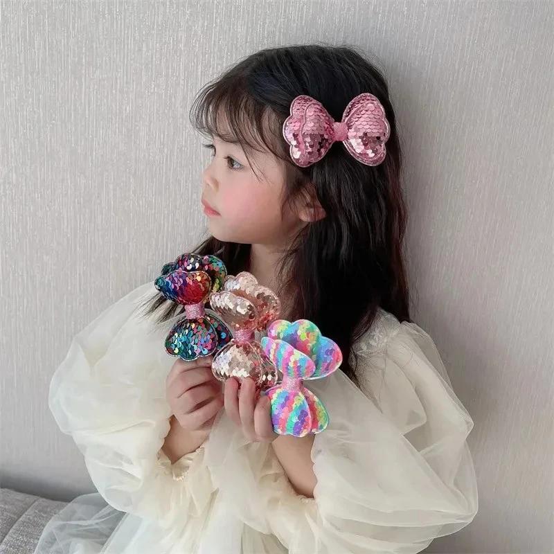 Pinces à cheveux longues à paillettes de couleur dégradée, 5 pièces, grand nœud, pour filles et enfa