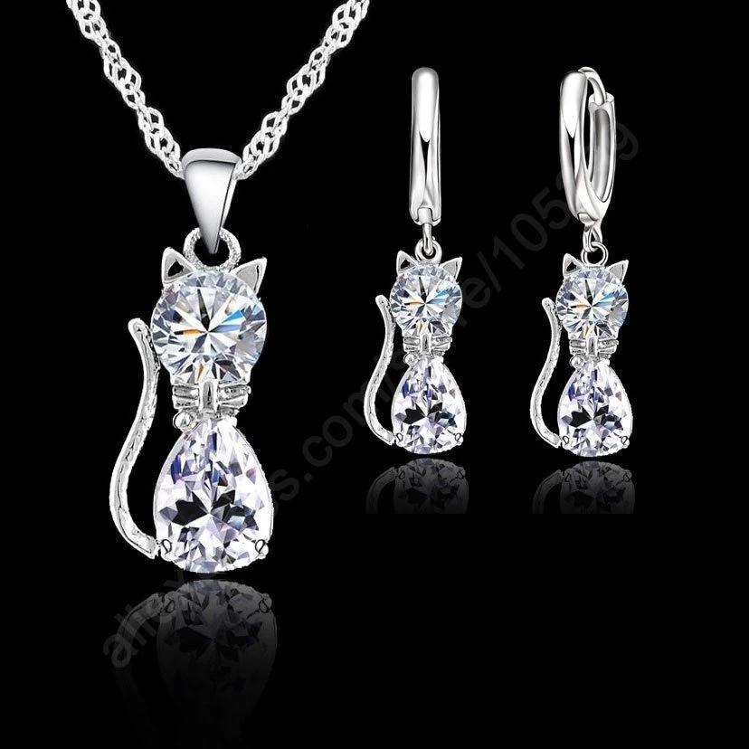 Ensembles de bijoux en argent CZ pour femmes et filles, collier en forme de chat mignon, ensemble de