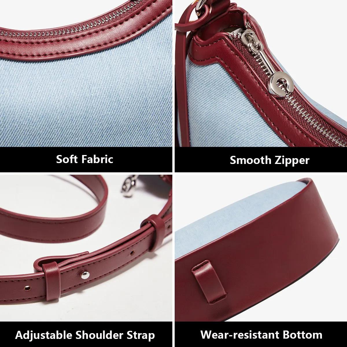 FOXER femmes Denim + cuir sac à bandoulière demi-lune sac à bandoulière mode dame petit Simple bleu 