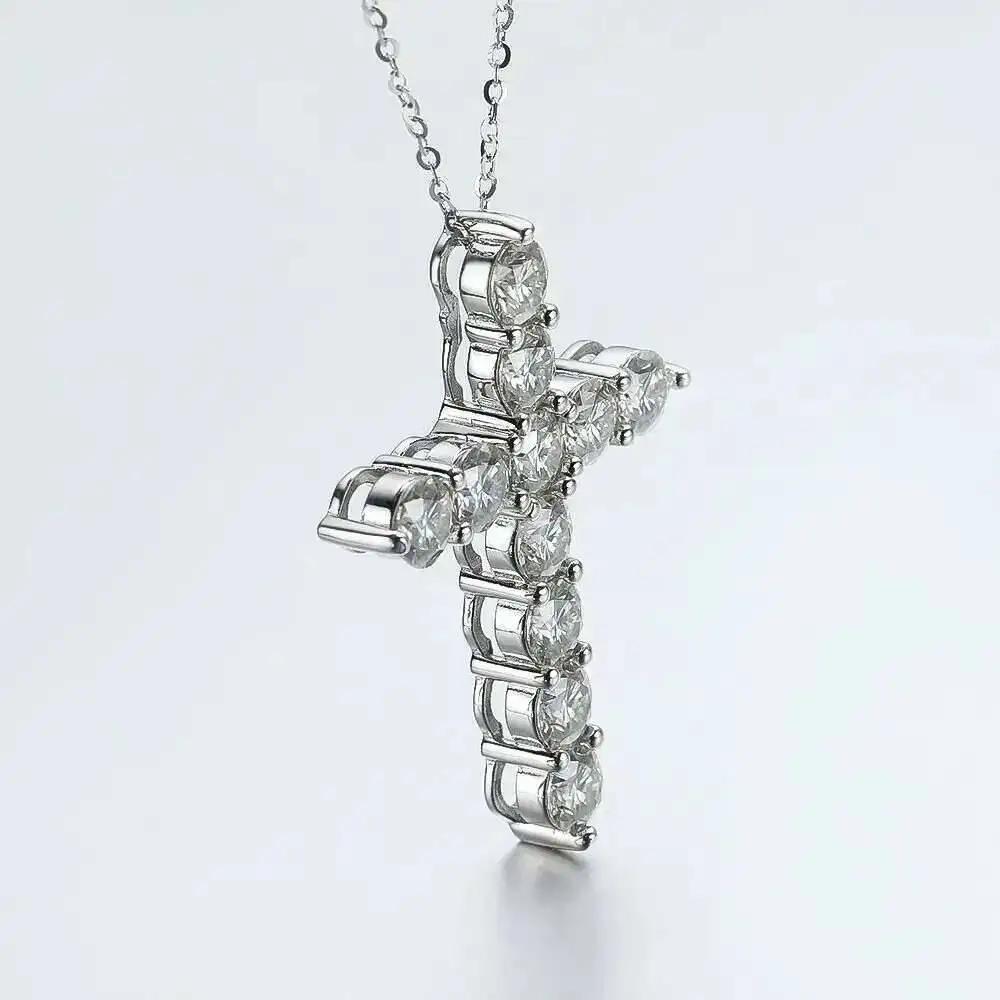 Pendentif croix Moissanite complet, chaîne originale en argent Sterling plaqué or blanc, collier fin