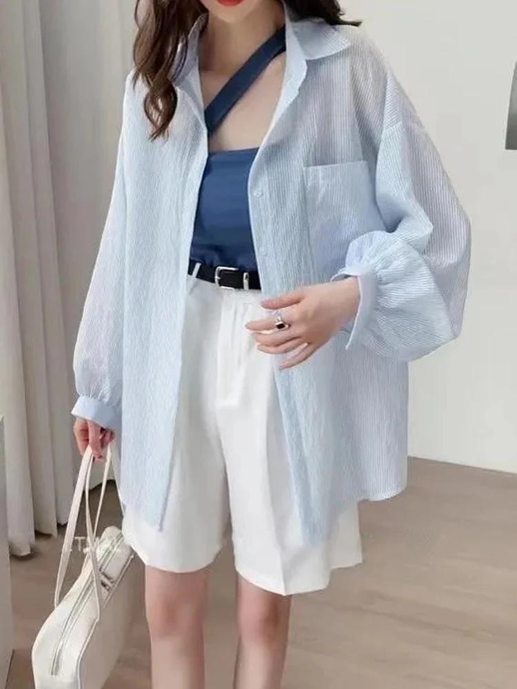 Jmprs coréen Sexy femmes Transparent rayé chemise surdimensionné ample à manches longues coréen rési