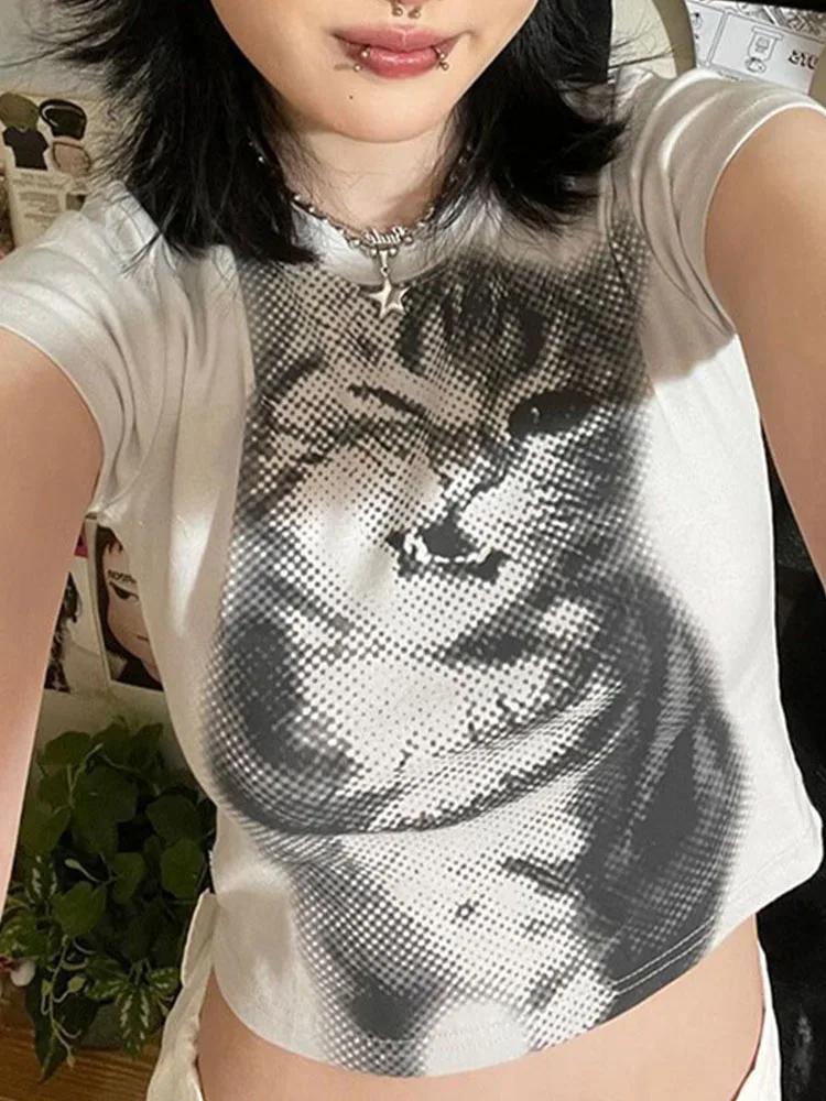 Harajuku Animal imprimé haut court basique blanc à manches courtes col rond T-shirt femmes décontrac