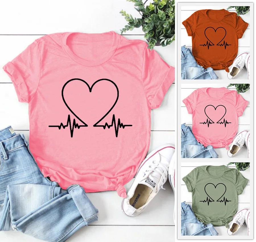 T-shirt à manches courtes et col rond pour femme, électrocardiogramme, imprimé cœur, t-shirt pour fe