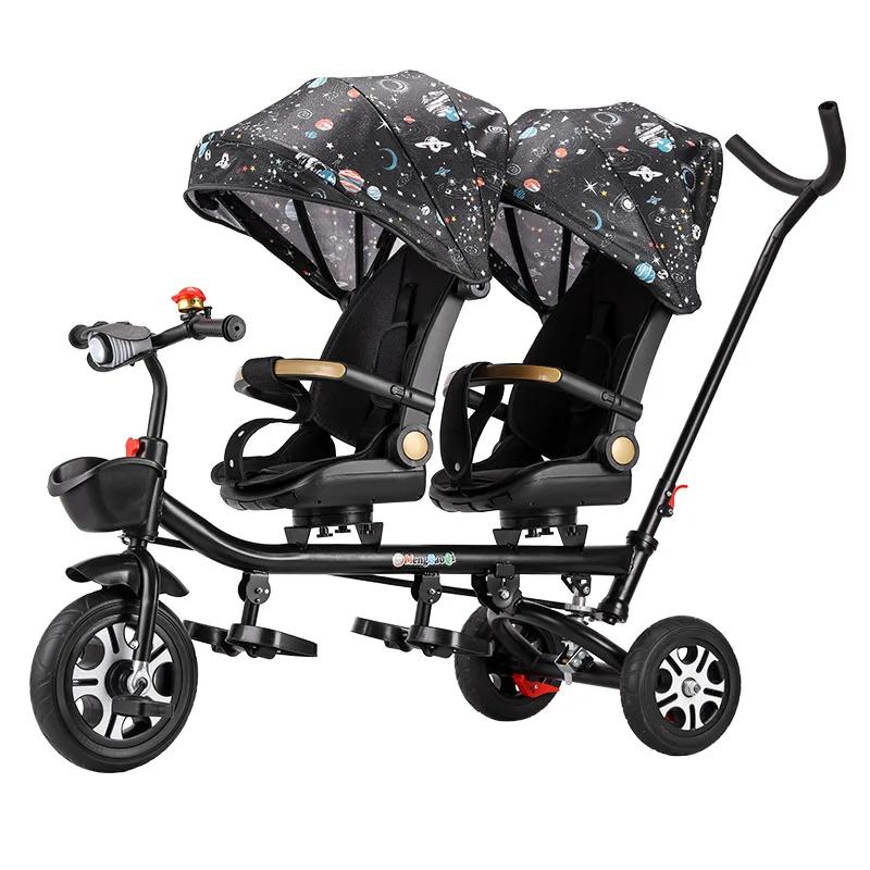 Tricycle pour enfants, poussette double, vélo à double siège avec siège inclinable, double direction