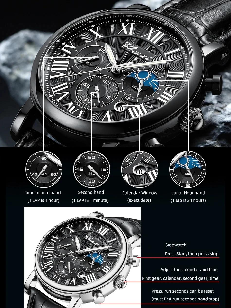 CHENXI 973 hommes montre à Quartz mode affaires Phase de lune Date multifonctionnel chronographe bra