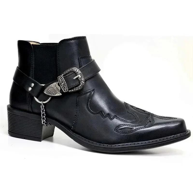 Mode 2025 hommes Vintage Cowboy bottes en cuir haut chaîne boucle sangle Punk chaussures bout pointu