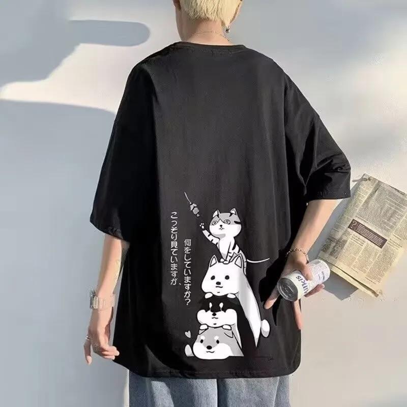 Pull à col rond extra large pour homme, chaton empilable, impression, manches moyennes, t-shirt amér