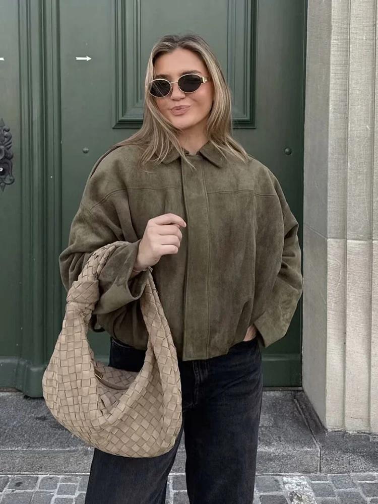 Veste en daim vert pour femmes, nouvelle mode printemps 2026, manches longues, fermeture éclair, sur