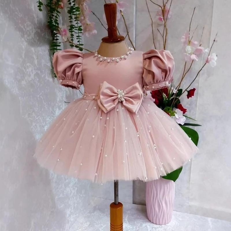 Robe de cérémonie pour enfant 2026 rose à manches bouffantes, ornée de perles et d'un nœud, pour dem